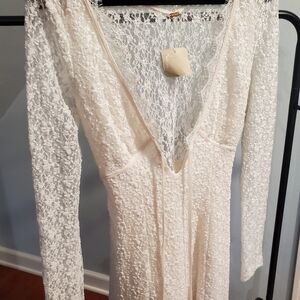Free People Cream Long Sleeve Lace Dress